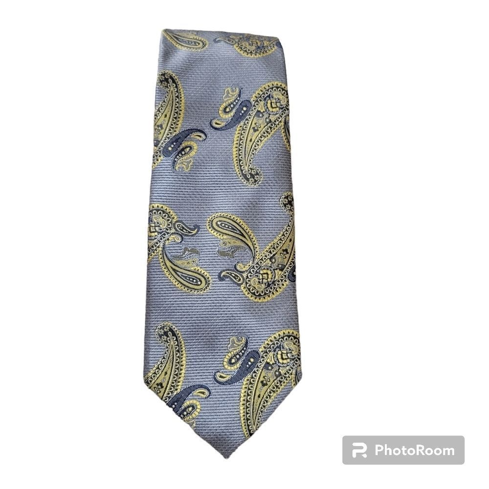 Dmitry Imani Silk Necktie Italy Paisley Silver Yellow 60 Inch